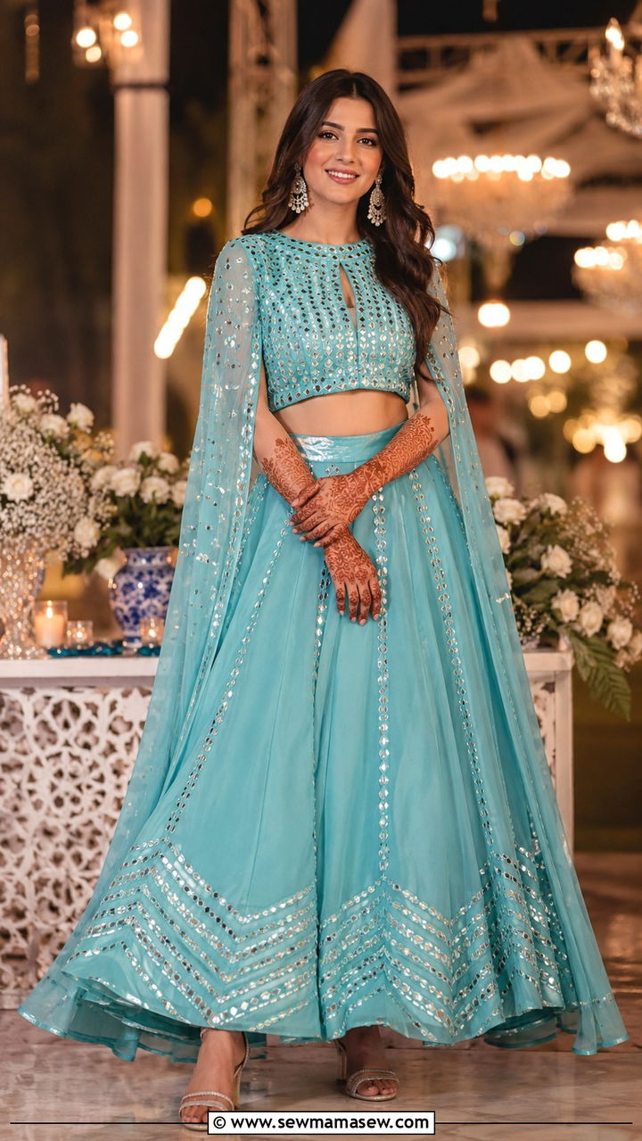 Turquoise Cape Style Lehenga Outfit - 25 Mehndi outfit ideas 2026