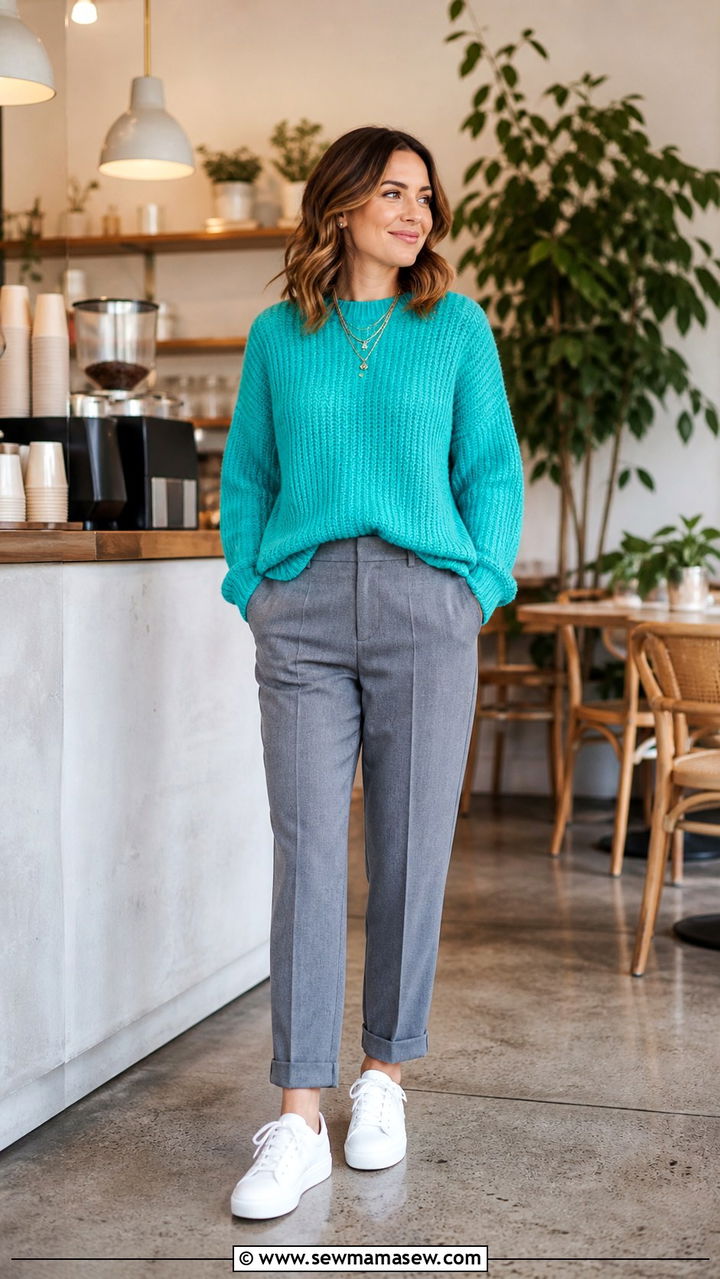 Turquoise Chunky Knit Sweater with Grey Tailored Trousers - 40 All turquoise outfit ideas
