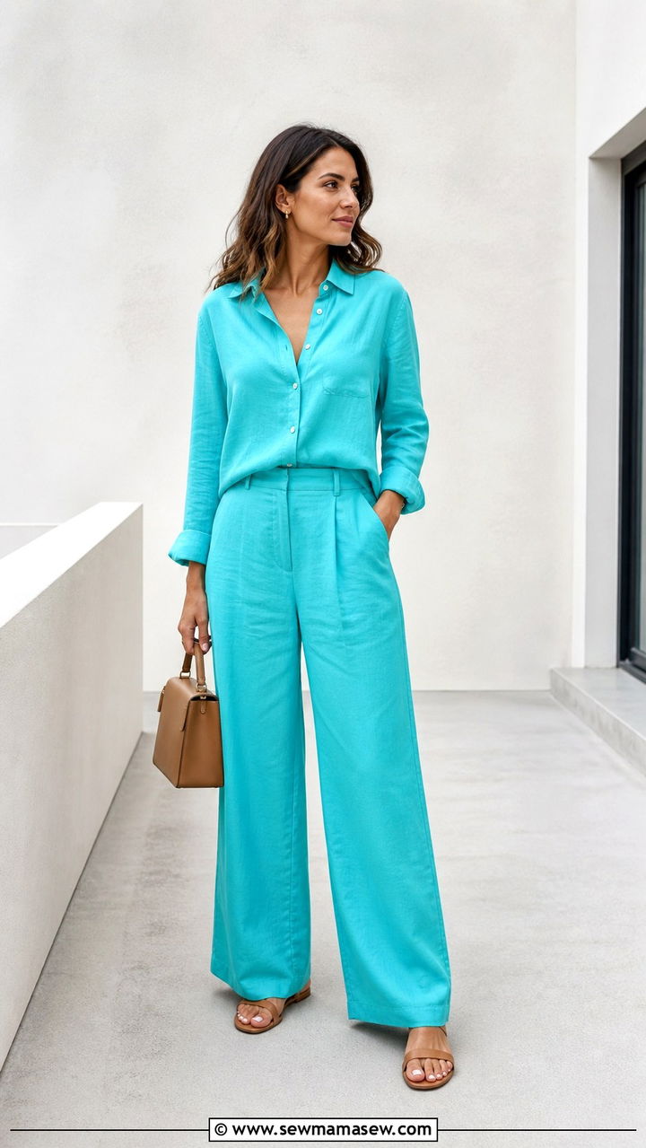 Turquoise Co Ord Set with Minimalist Sandals - 40 All turquoise outfit ideas