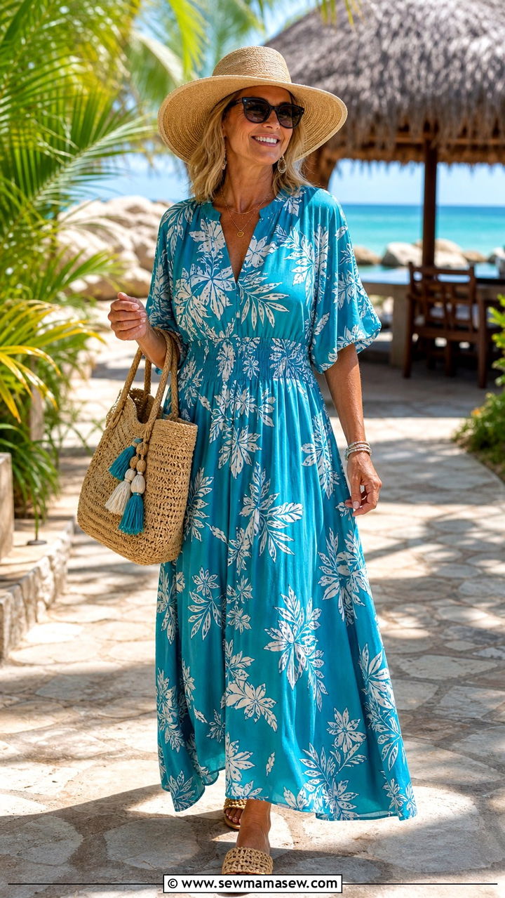 Turquoise Floral Maxi Dress and Straw Accessories - 40 Summer outfit ideas for women over 50 2026