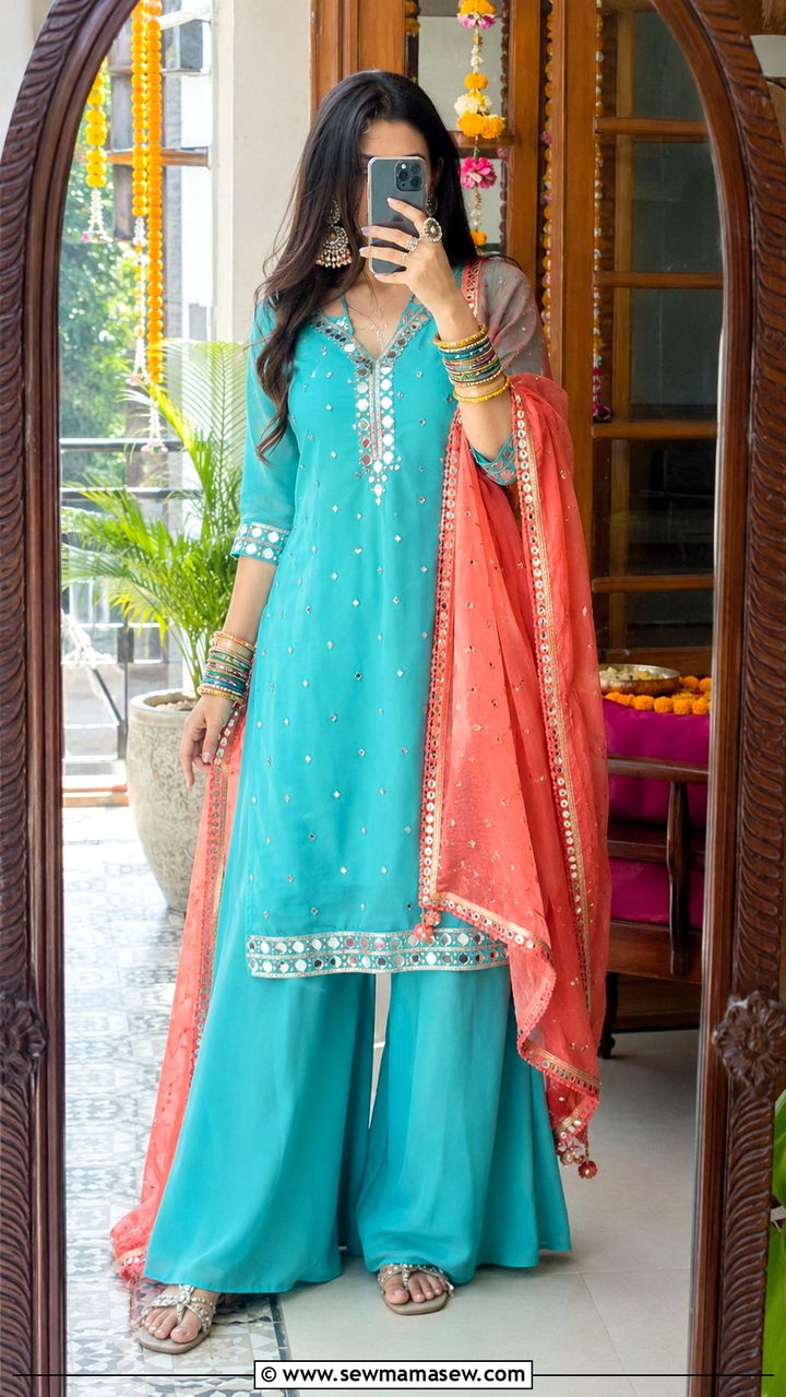 Turquoise Kurta Set With Flared Palazzo - 30 Mehndi outfit ideas