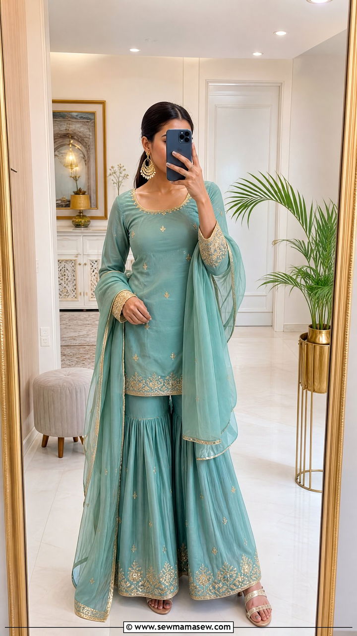 Turquoise Sharara with Golden Accents - 30 Eid outfit ideas for teens