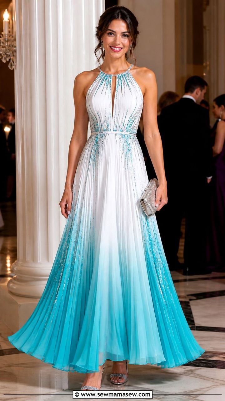 Turquoise and White Fit and Flare Pleated Maxi Dress - 40 All turquoise outfit ideas
