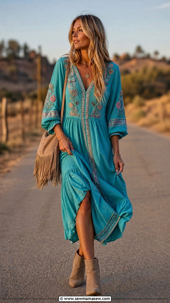 Turquoise boho dress with fringe bag and ankle boots - 30 Summer turquoise outfit ideas