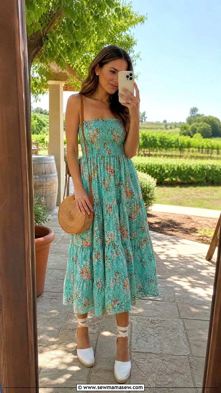 Turquoise floral midi dress with woven bag - 30 Summer turquoise outfit ideas