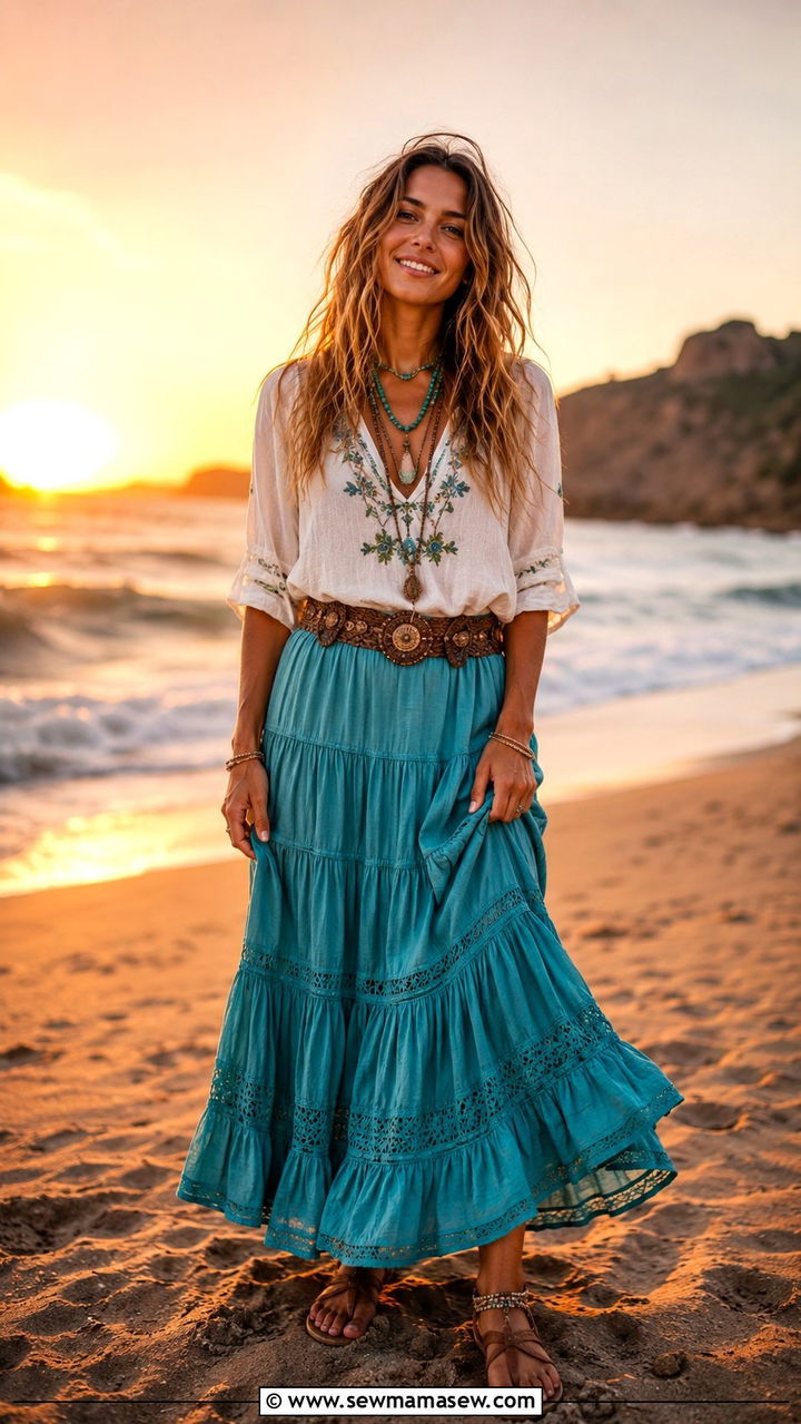 Turquoise maxi skirt with peasant top - 30 Turquoise outfit ideas summer