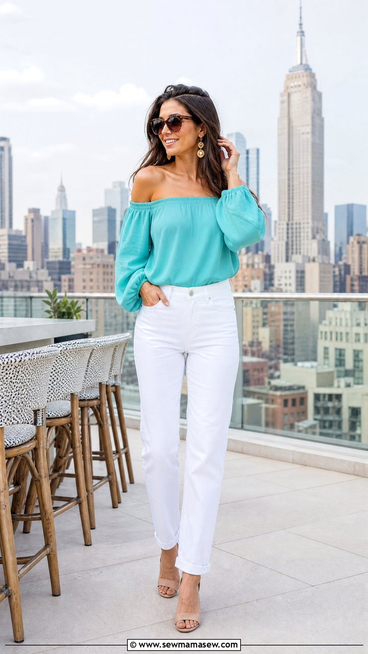Turquoise off shoulder top with white jeans - 30 Summer turquoise outfit ideas