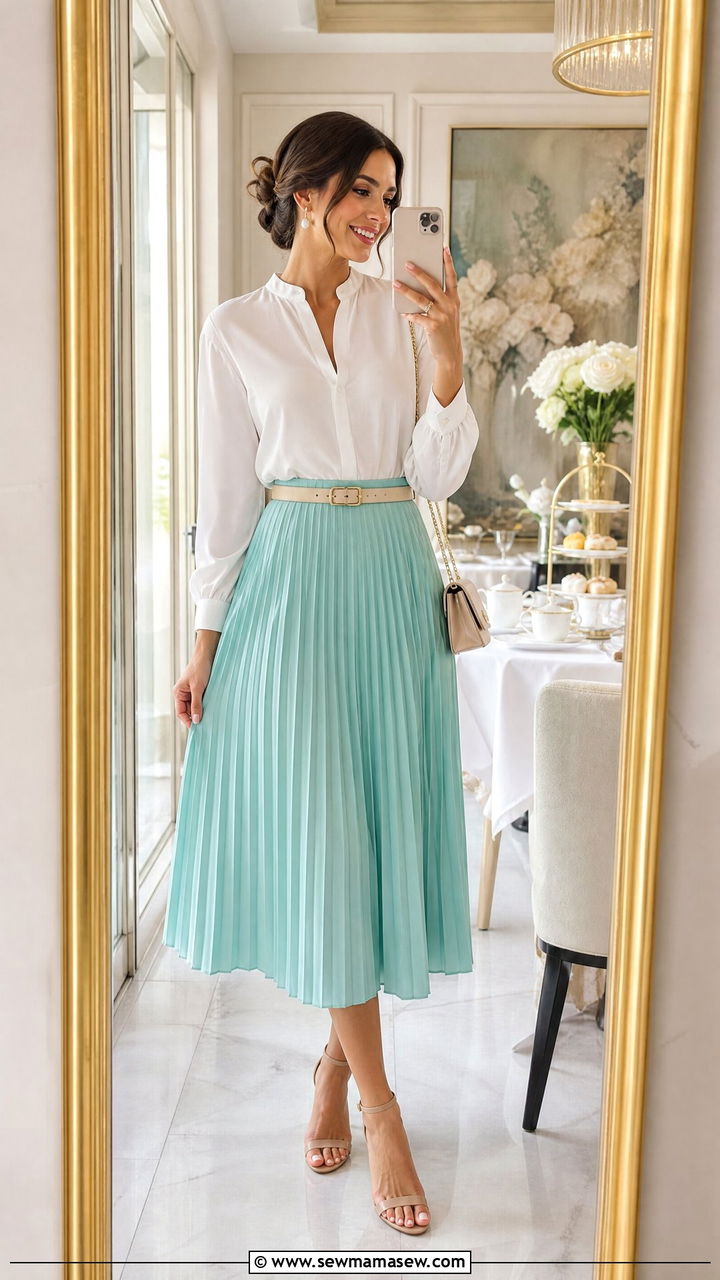 Turquoise pleated midi skirt with white blouse - 30 Summer turquoise outfit ideas