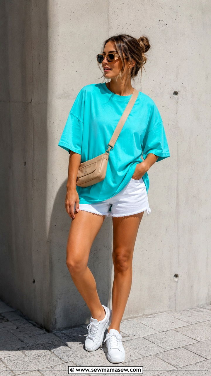 Turquoise t shirt with white shorts - 30 Turquoise outfit ideas summer