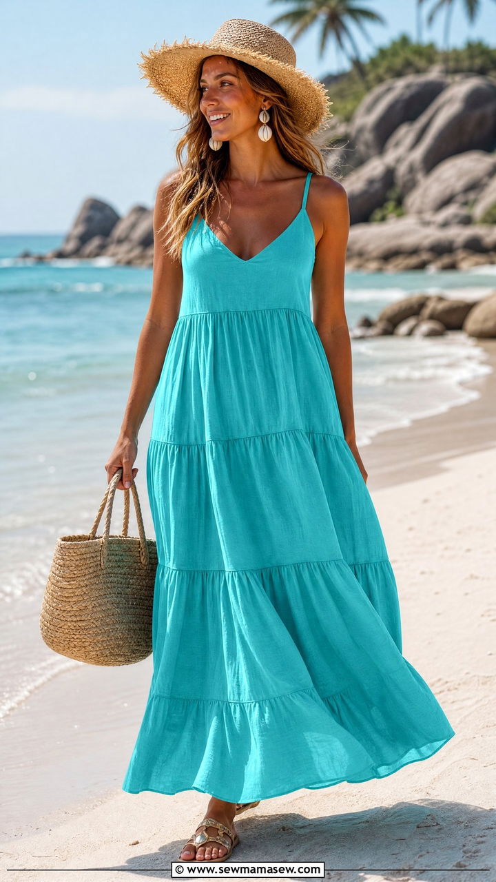 Turquoise tiered maxi dress with flat sandals - 30 Summer turquoise outfit ideas