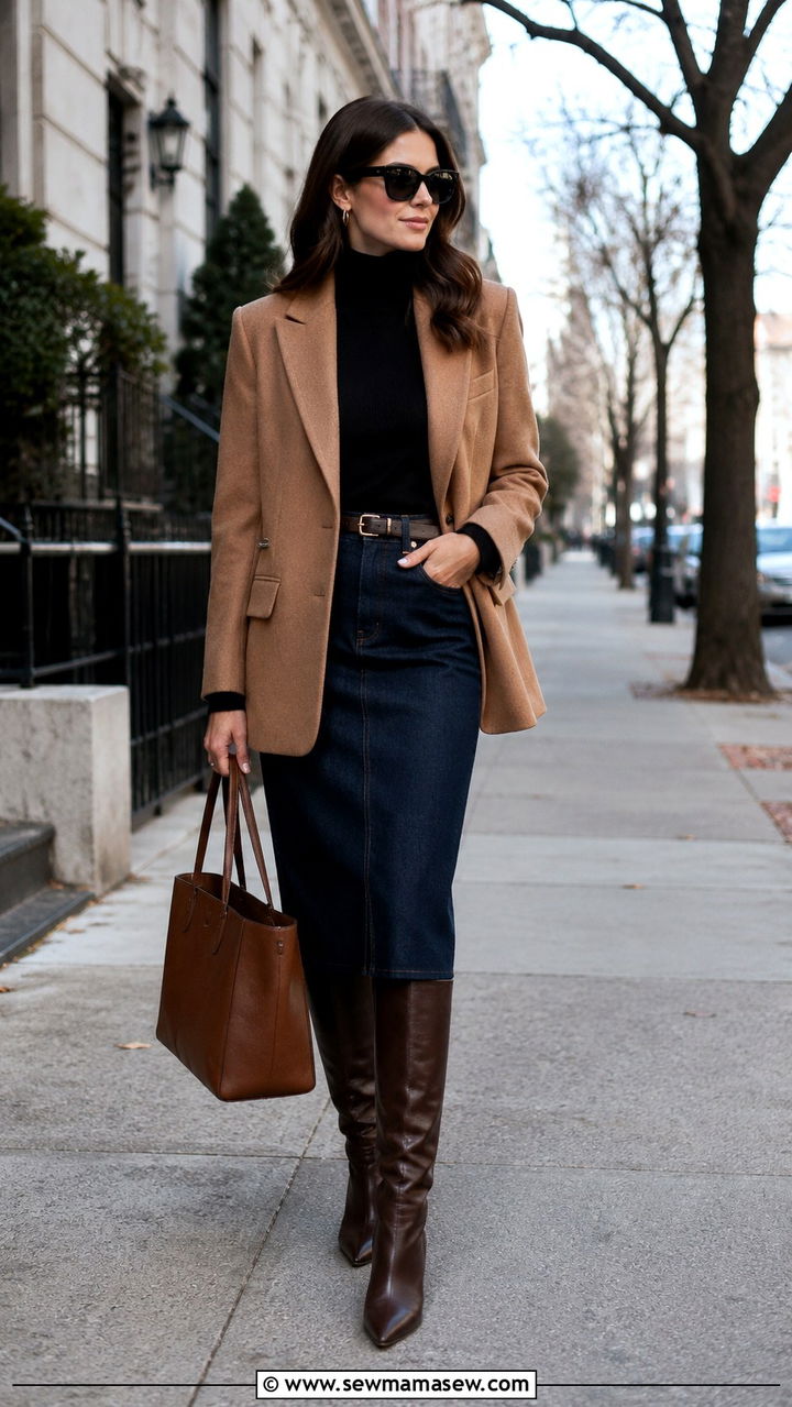 Turtleneck And Blazer With Denim Skirt - 30 Denim skirt outfit ideas with a blazer