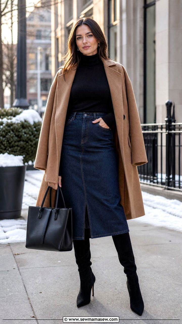 Turtleneck And Knee High Boots With A Denim Skirt - 35 How to style a denim skirt