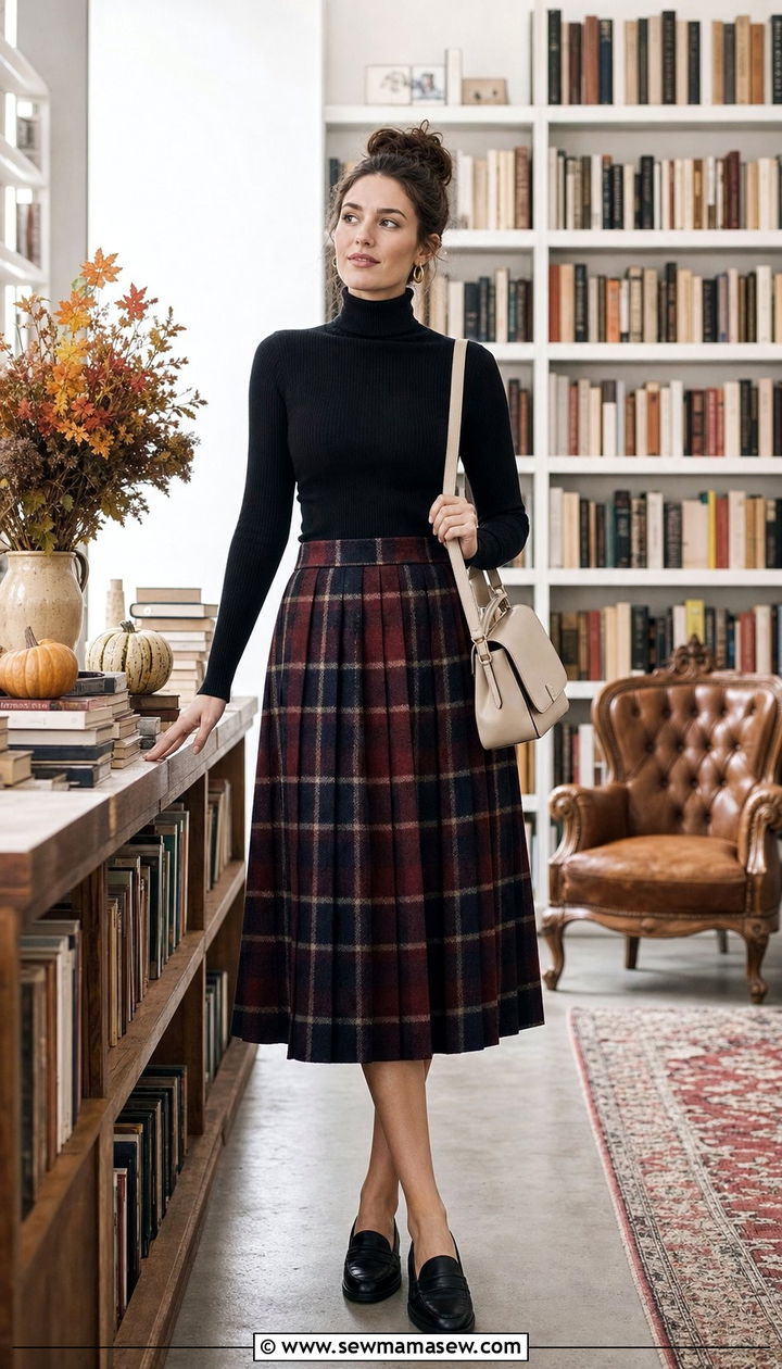 Turtleneck And Plaid Midi Skirt With Loafers - 25 cute librarian core outfits