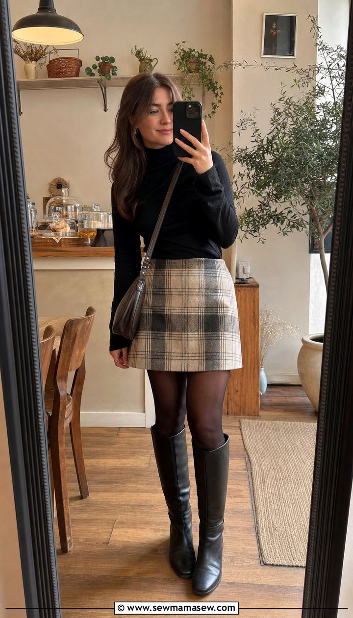Turtleneck And Plaid Mini Skirt - 35 Casual brunch outfits