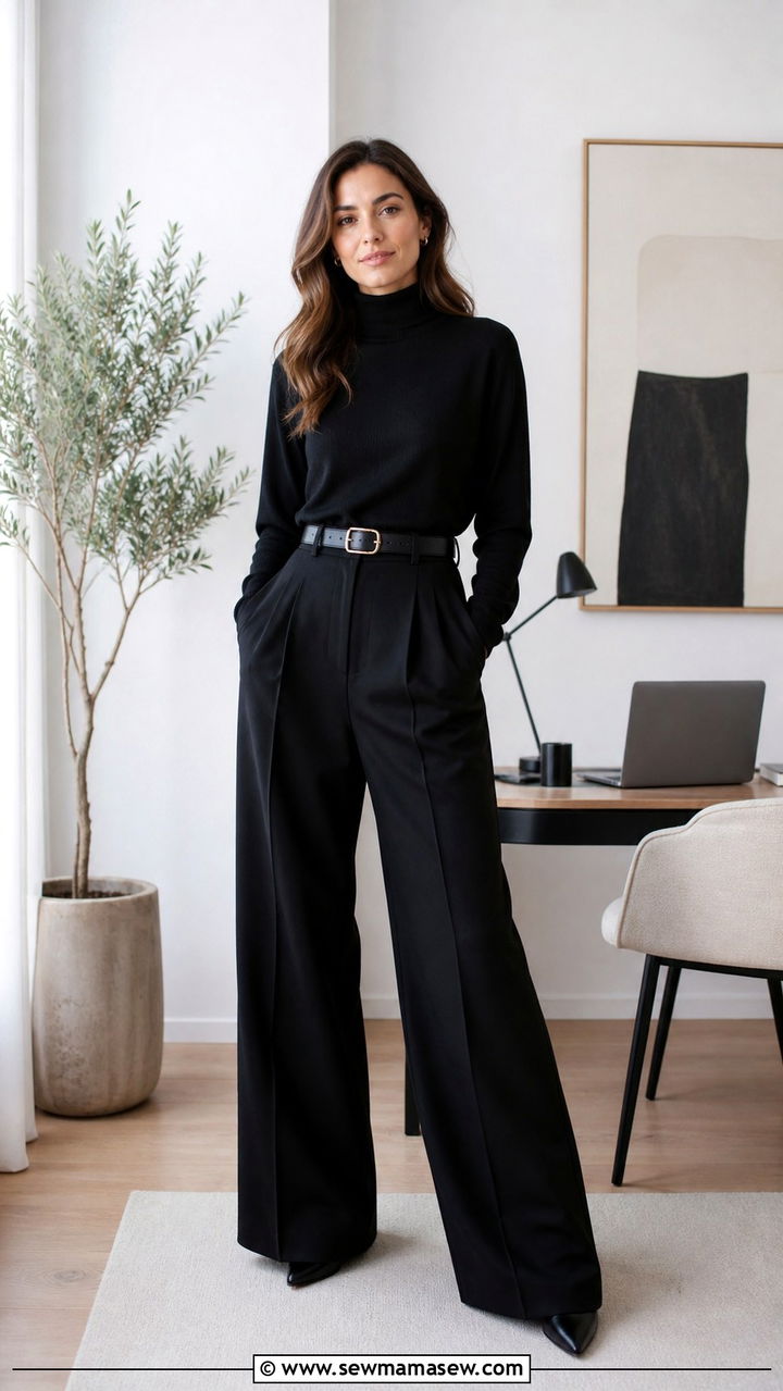 Turtleneck And WideLeg Trousers Monochrome Look - 40 Work from home outfit ideas