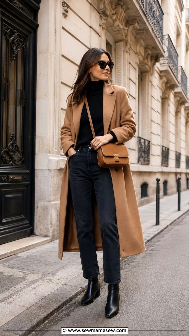Turtleneck And Wool Coat With Straight Jeans - 25 7 day travel capsule outfits