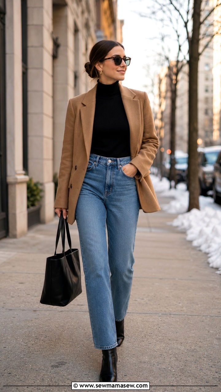 Turtleneck Blazer With High Waisted Jeans - 30 High waisted jeans outfit ideas with a blazer