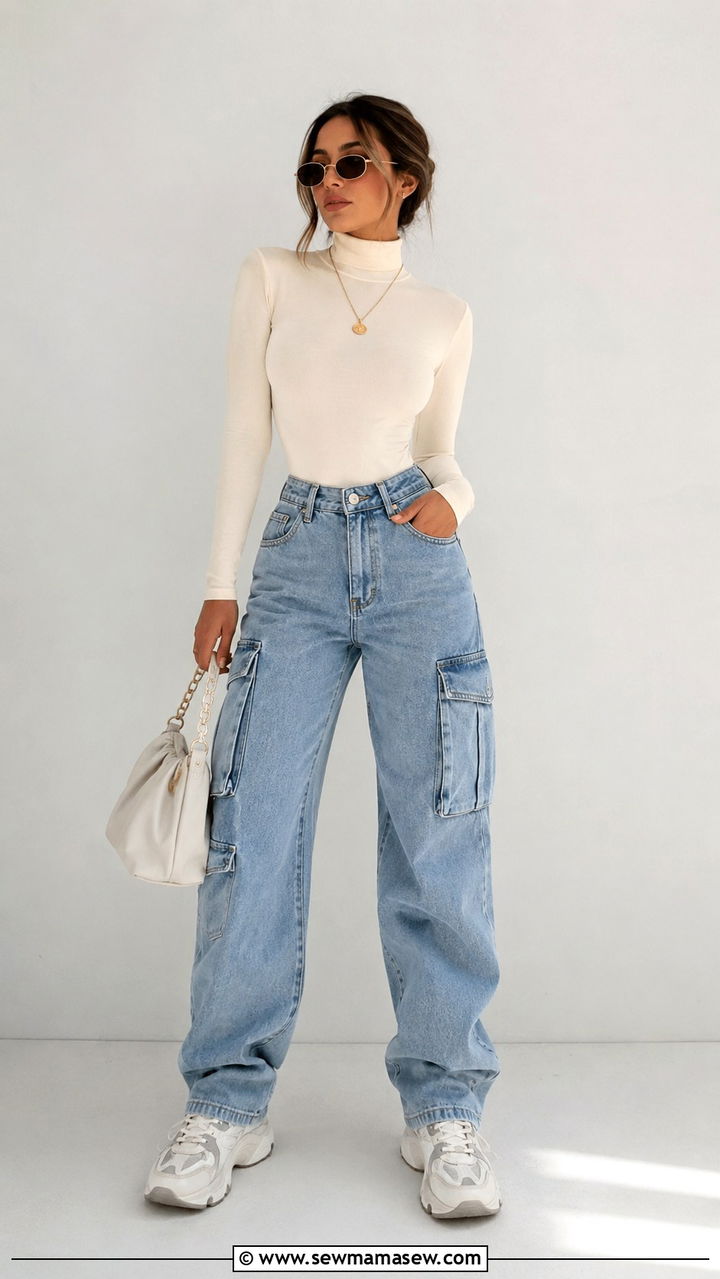 Turtleneck Bodysuit With Cargo Jeans And Dad Sneakers - 30 Sporty chic outfit ideas with jeans