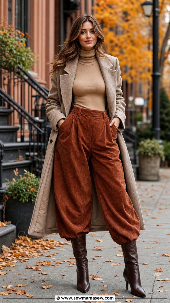Turtleneck Bodysuit With Corduroy Balloon Pants Outfit - 35 balloon pants outfits ideas