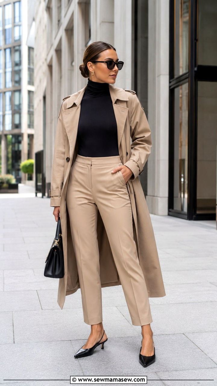 Turtleneck Bodysuit with Cigarette Pants and Trench Coat - 25 transitional vacation outfit ideas