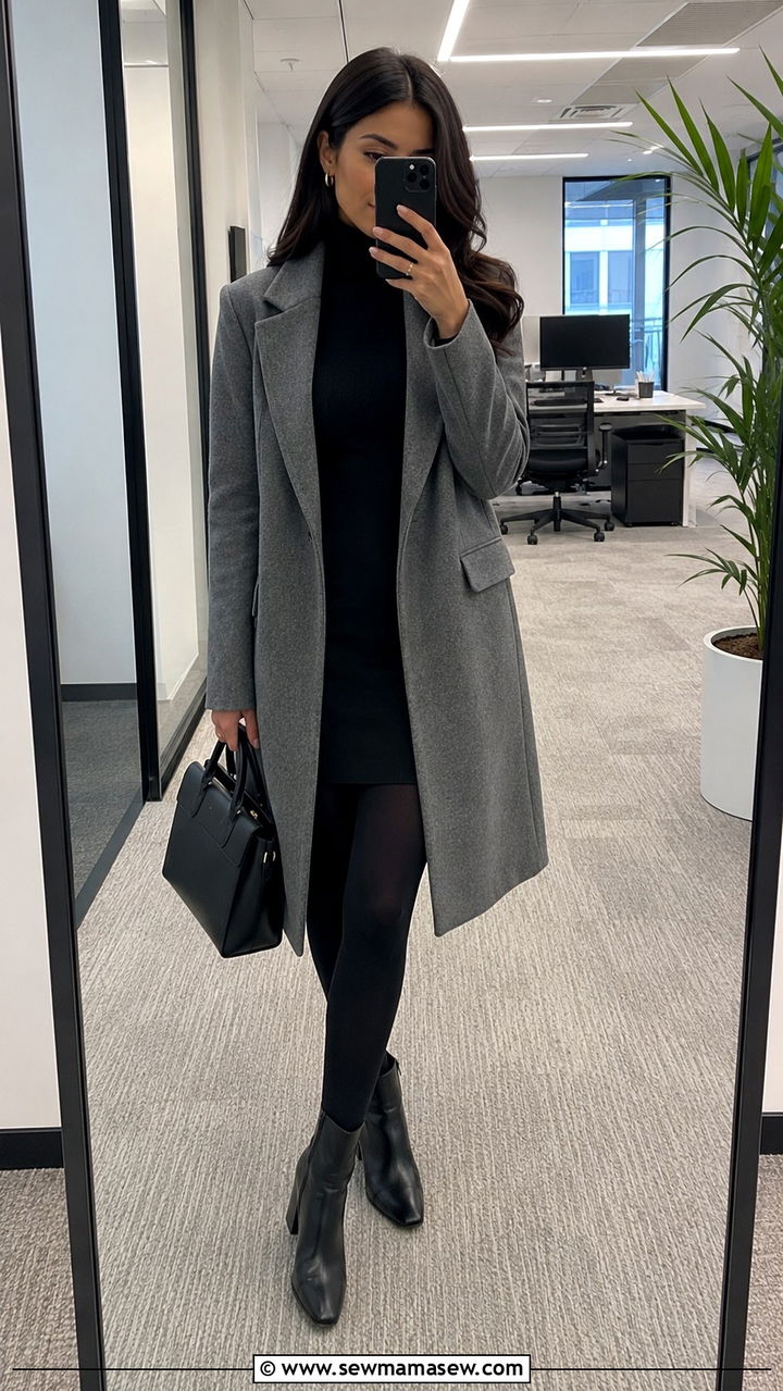 Turtleneck Dress With Waterproof Block Heel Boots - 30 Rainy day work outfit ideas