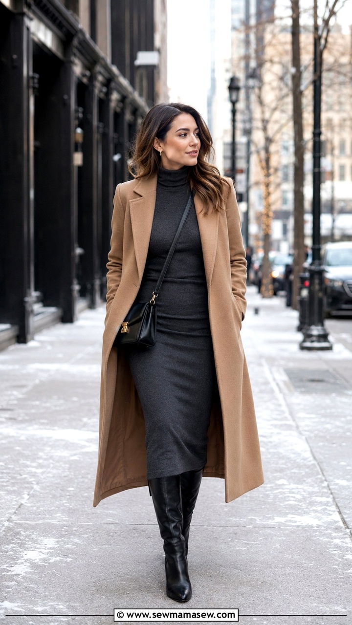 Turtleneck Dress with Knee High Boots Outfit - 30 Networking event outfit ideas