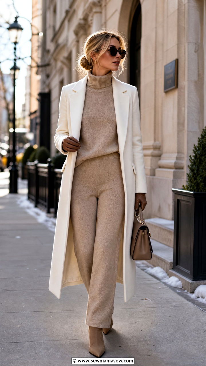 Turtleneck Knit Lounge Set with a Long Coat - 25 Knit loungewear set outfit ideas