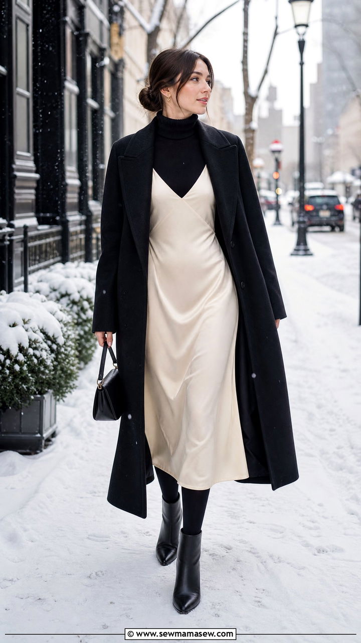 Turtleneck Layered Under Midi Dress - 35 midi dress outfit ideas for women