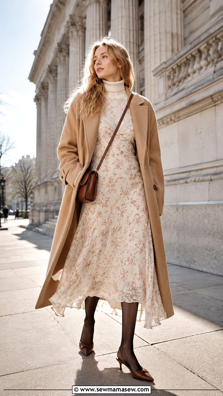 Turtleneck Layered Under Slip Dress With Tights - 20 Boho outfit ideas Dôen style
