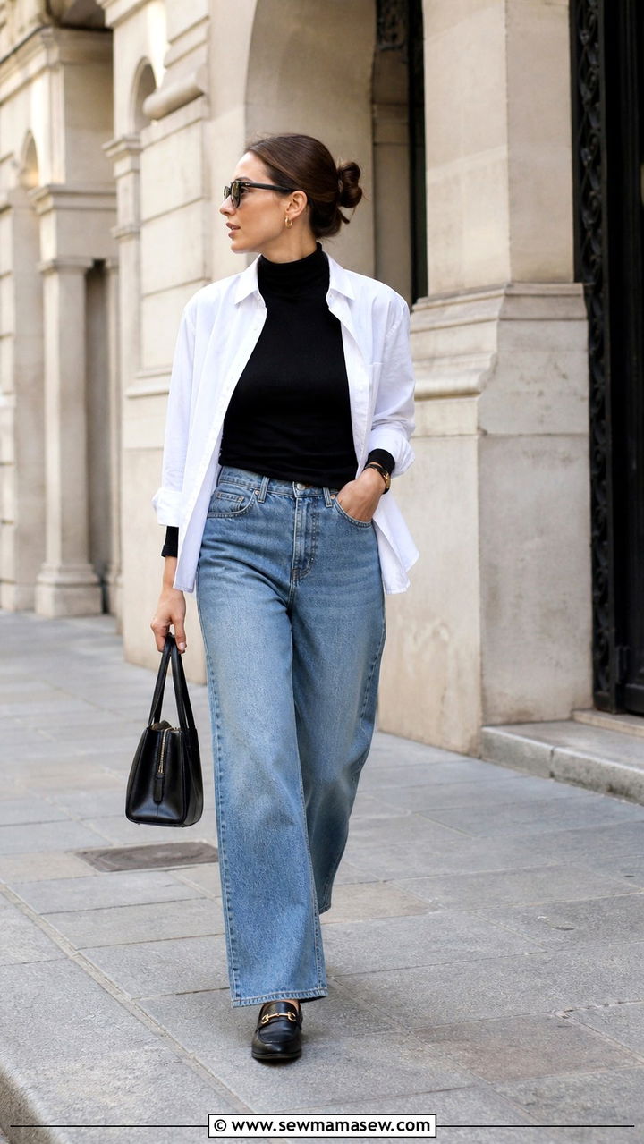 Turtleneck Layered Under a Button Up With Wide Leg Jeans - 40 Korean outfit ideas