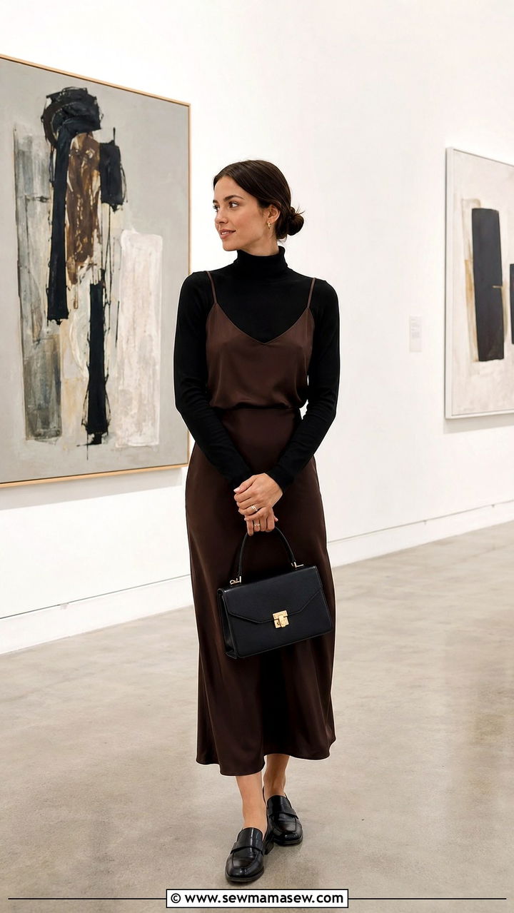 Turtleneck Layered Under a Slip Dress With Loafers - 30 transitional casual outfit ideas