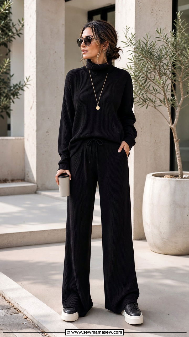 Turtleneck Lounge Set with Wide Leg Pants - 25 Loungewear outfit ideas for moms