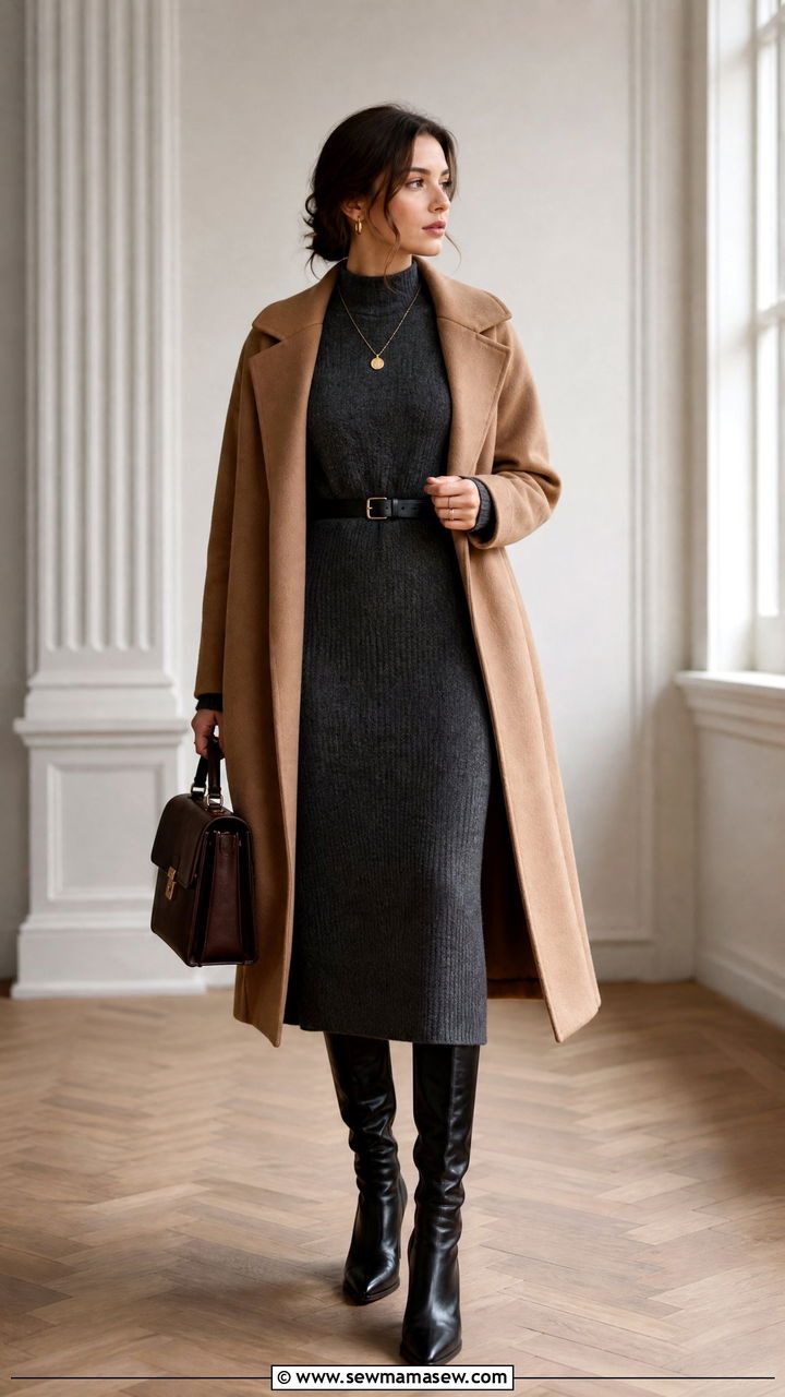 Turtleneck Midi Dress and Wool Coat - 30 Dark academia work outfits