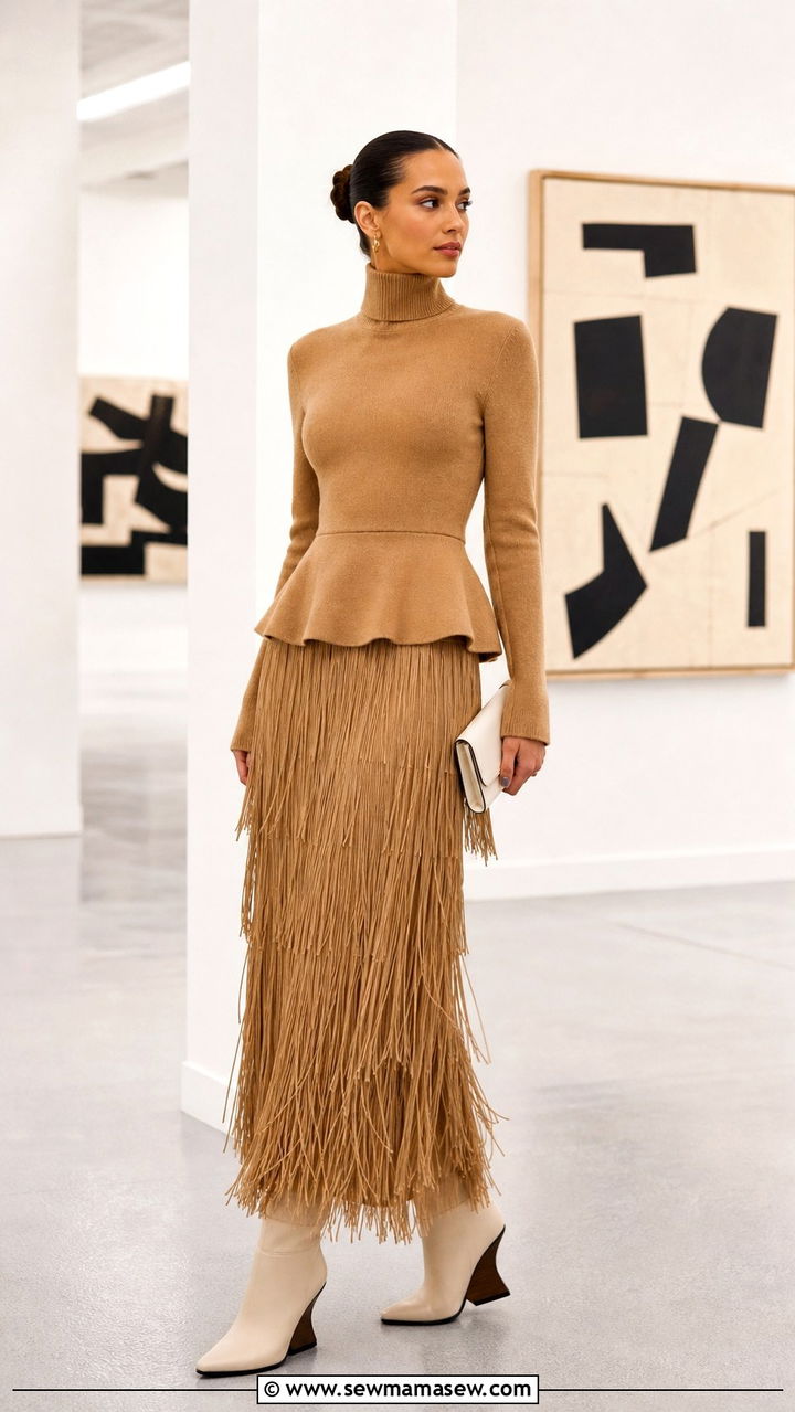 Turtleneck Peplum Top with Fringed Maxi Skirt - 40 Peplum top outfit ideas