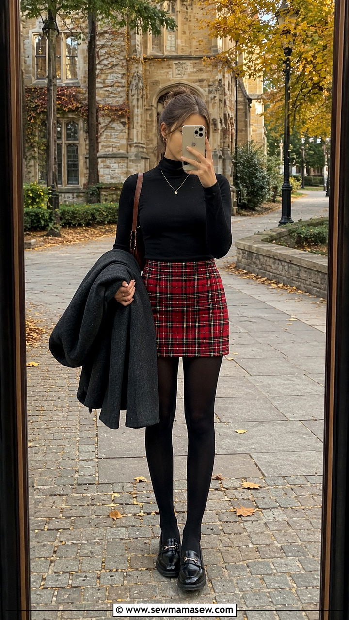 Turtleneck Plaid Skirt and Tights - 30 Preppy school outfits