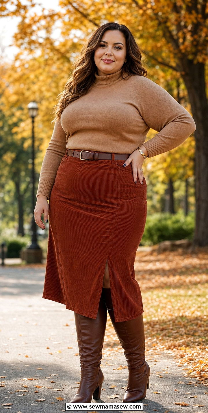 Turtleneck Sweater And Corduroy Midi Skirt - 35 Brunch outfits for curvy women