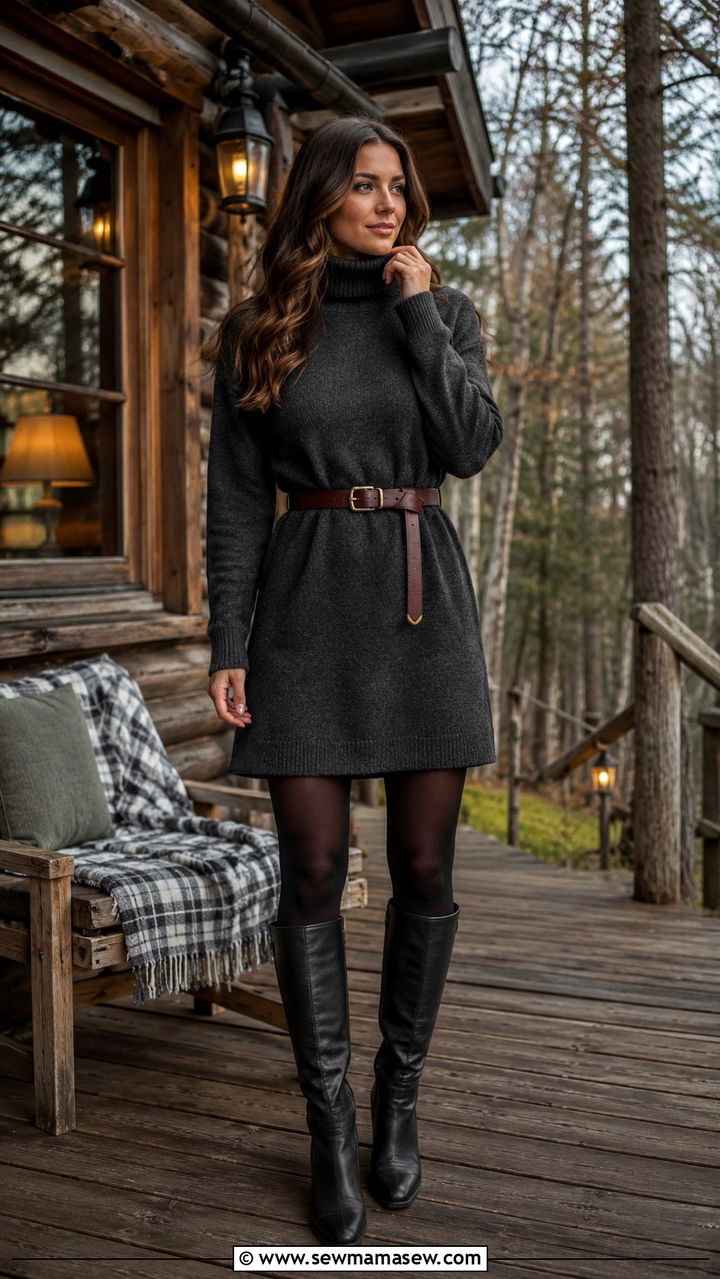 Turtleneck Sweater Dress And Boots - 30 Spring cabin outfits