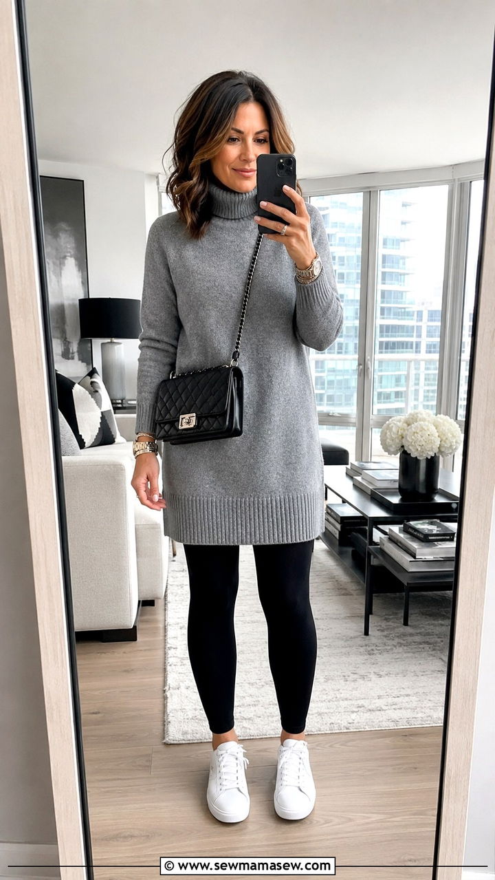 Turtleneck Sweater Dress With Leggings And Sneakers - 30 sweater dress outfits for women over 40