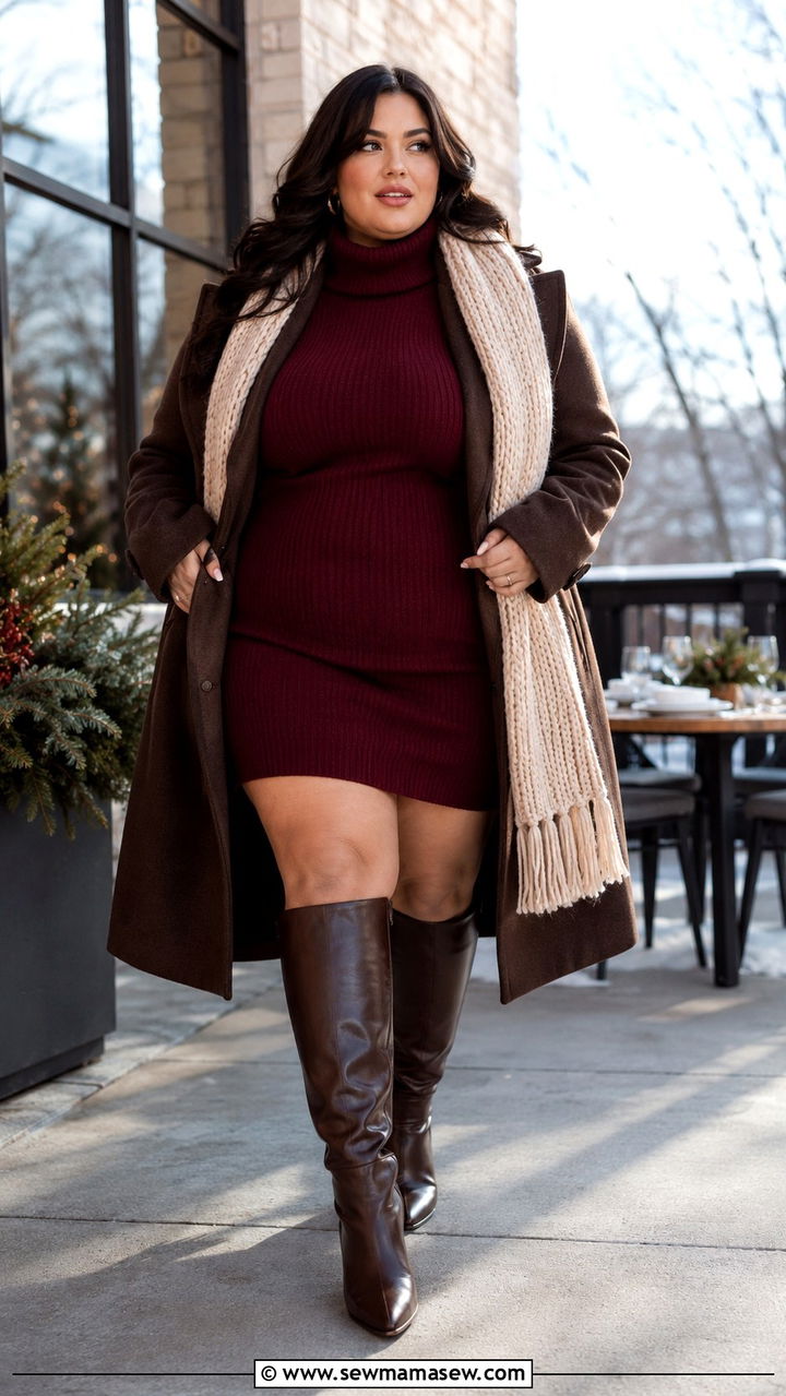 Turtleneck Sweater Dress with Tall Boots and Wool Coat - 30 plus size brunch outfit ideas