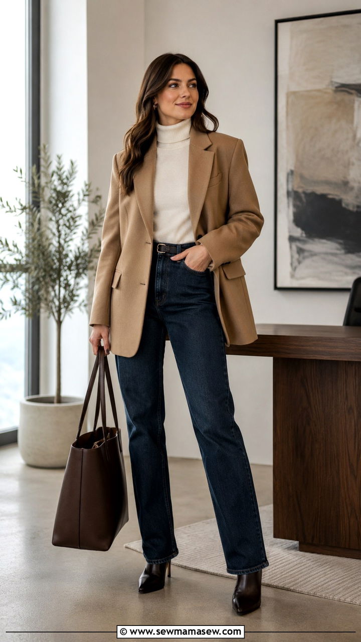 Turtleneck Sweater Layered Under a Blazer With High Waisted Straight Jeans - 30 High waisted jeans outfit ideas with a sweater