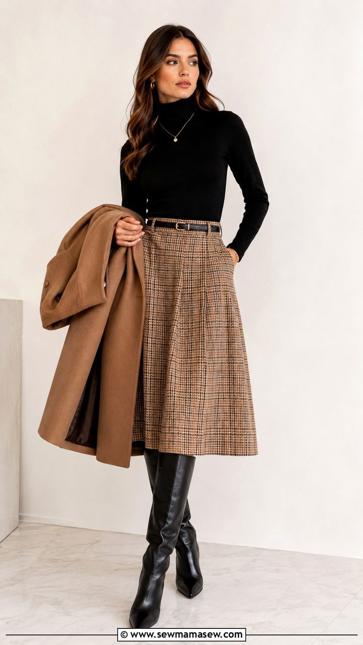Turtleneck Sweater With Midi Skirt And Knee High Boots - 20 College outfit ideas preppy 2026