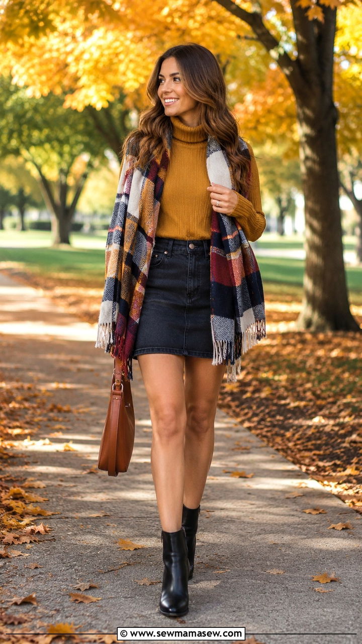 Turtleneck Sweater With Mini Skirt And Ankle Boots And Blanket Scarf - 30 Mini skirt outfit ideas with a sweater