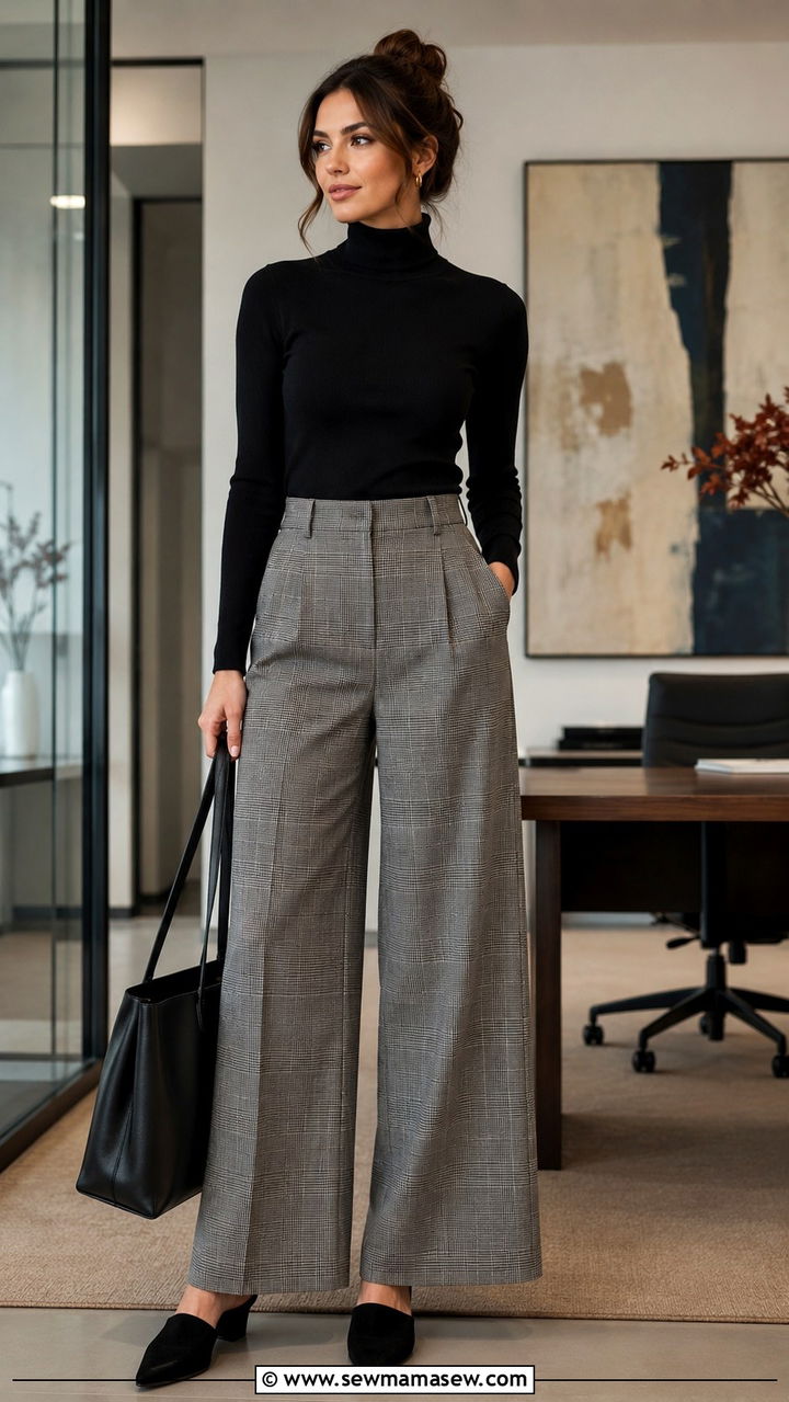 Turtleneck Sweater With Plaid Wide Leg Trousers - 25 Wide leg trousers outfit ideas with a sweater