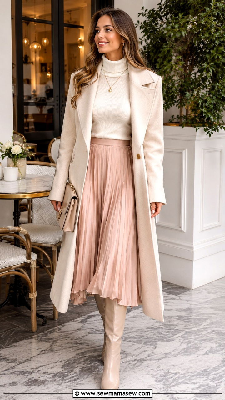 Turtleneck Sweater With Pleated Midi Skirt - 30 brunch outfits aesthetic