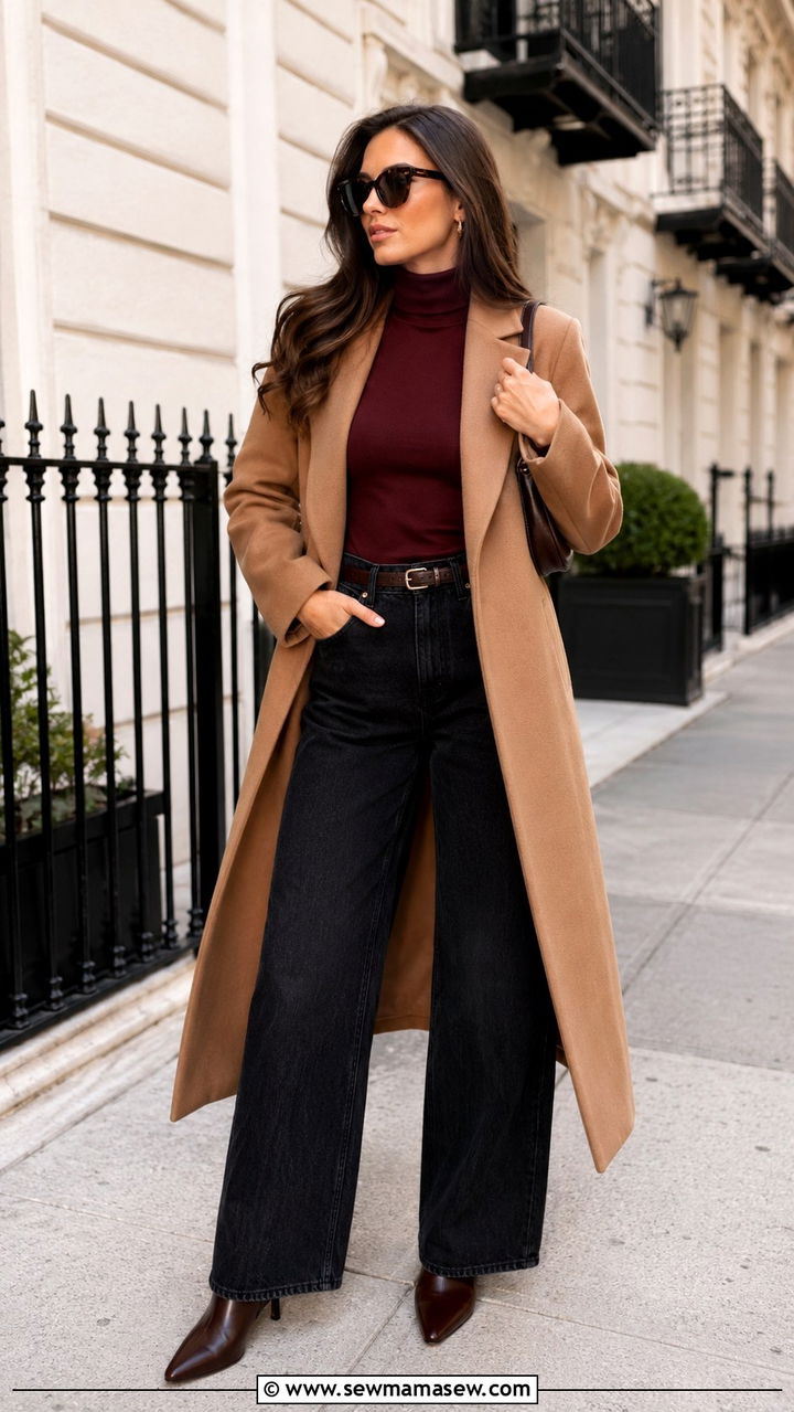Turtleneck Sweater With Wide Leg Jeans and a Long Coat - 25 Wide leg jeans outfit ideas with a sweater