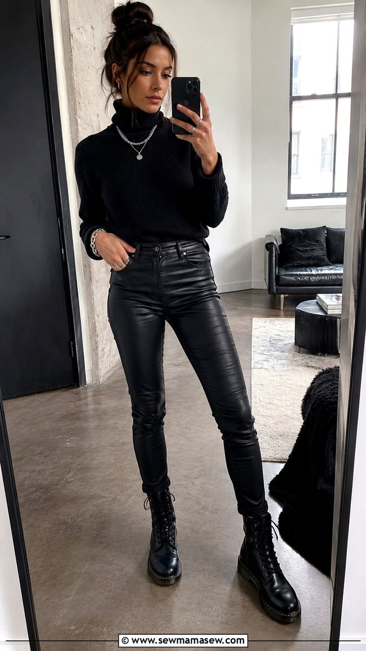 Turtleneck Sweater with Coated Black Jeans and Leather Boots - 30 Oversized sweater with jeans outfit ideas