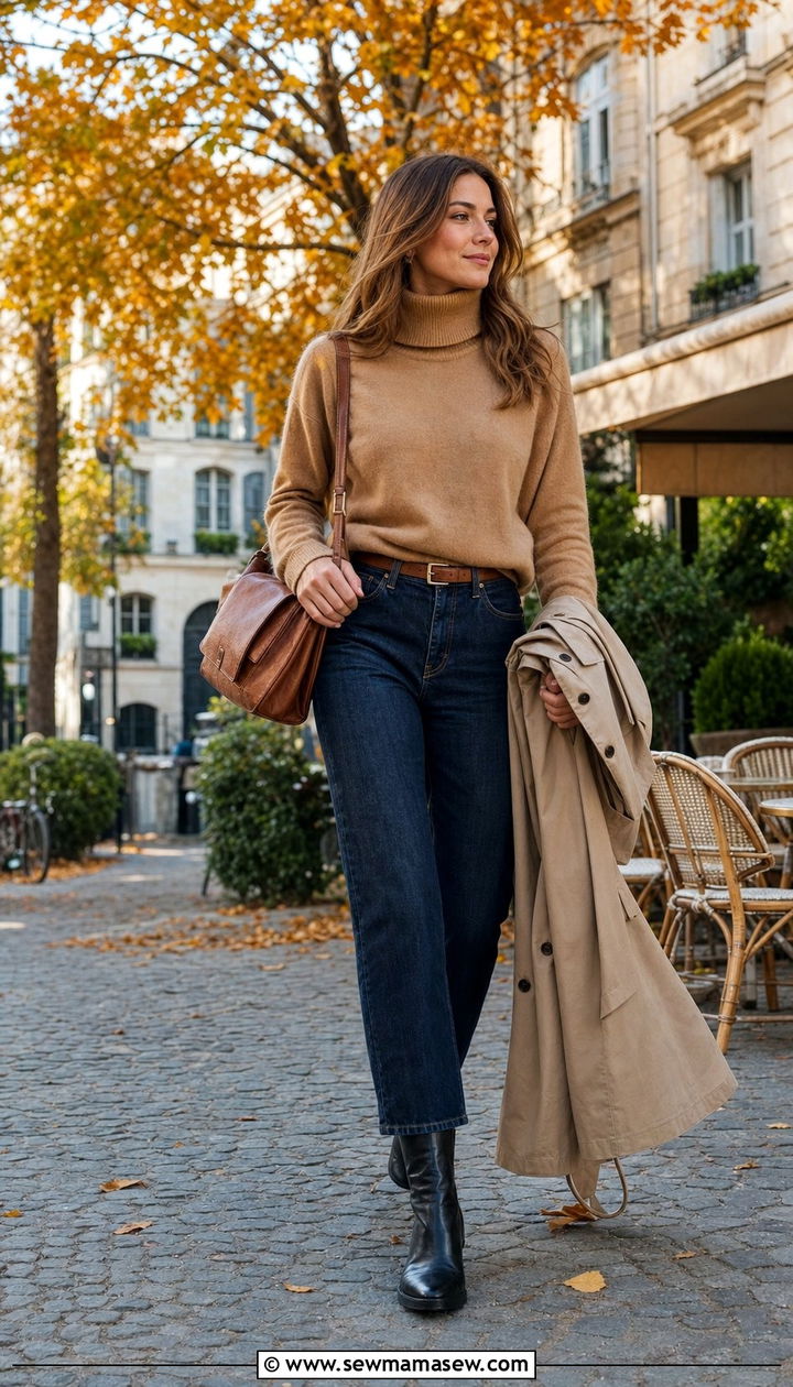 Turtleneck Sweater with Dark Jeans and Ankle Boots - 25 Europe travel outfits aesthetic