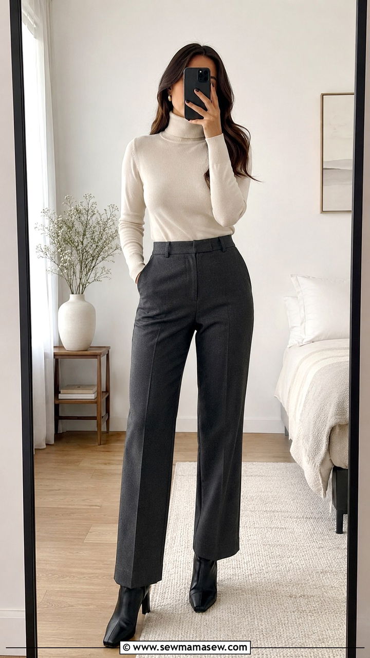 Turtleneck Sweater with High Waist Straight Trousers and Ankle Boots - 25 work outfits for pear shaped body