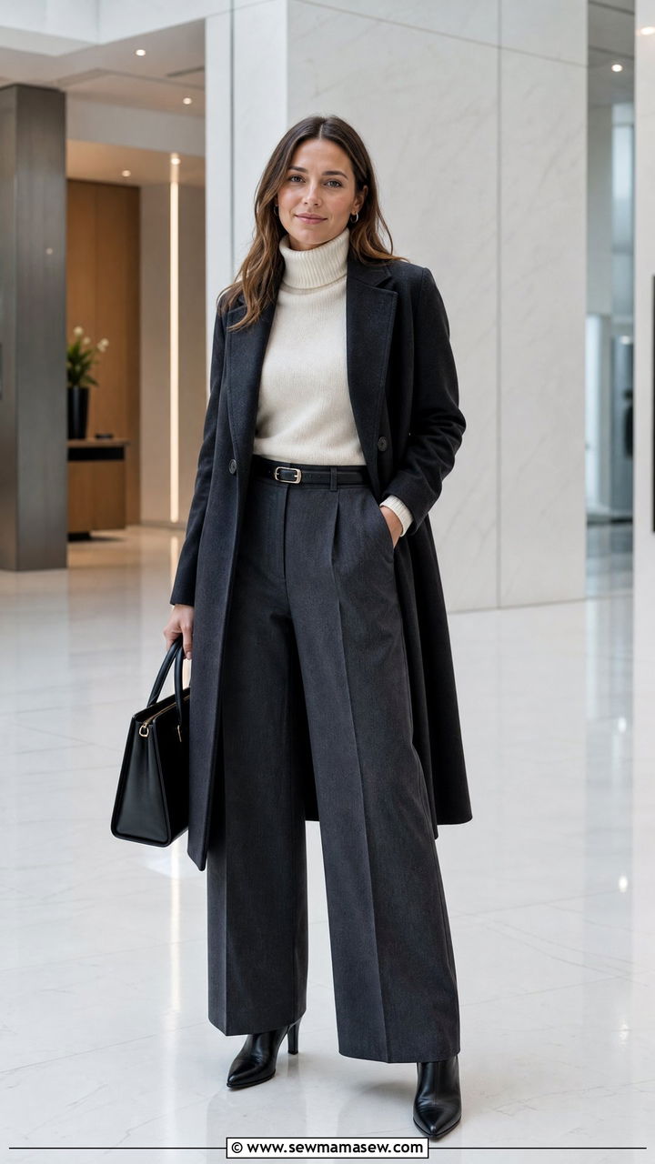 Turtleneck Sweater with Wide Leg Trousers and Heeled Boots - 25 Business casual outfits with boots