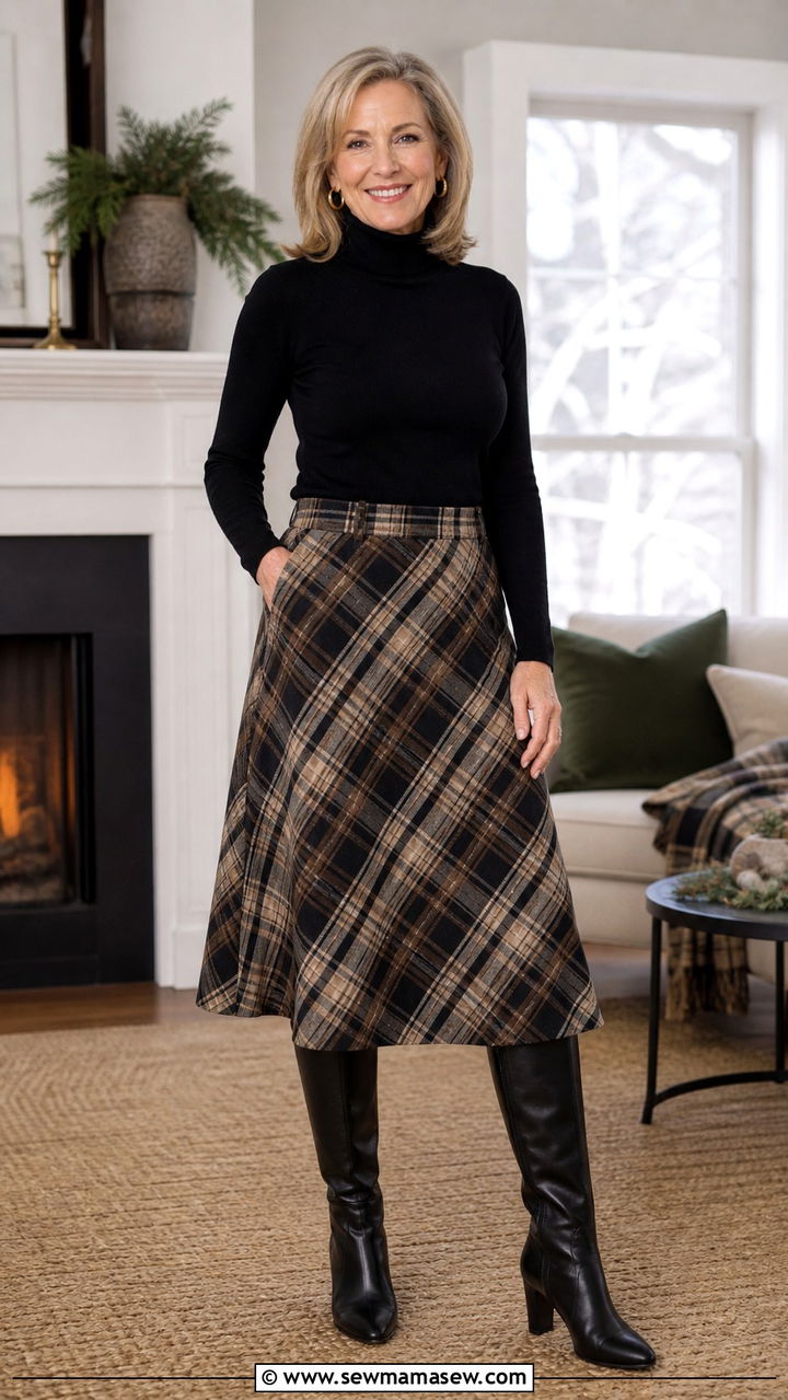 Turtleneck Sweater with a Plaid Midi Skirt - 40 Outfit ideas for women over 50